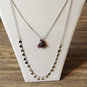 NWT Silvertone with Purple Tassle Long Double Strand Necklace